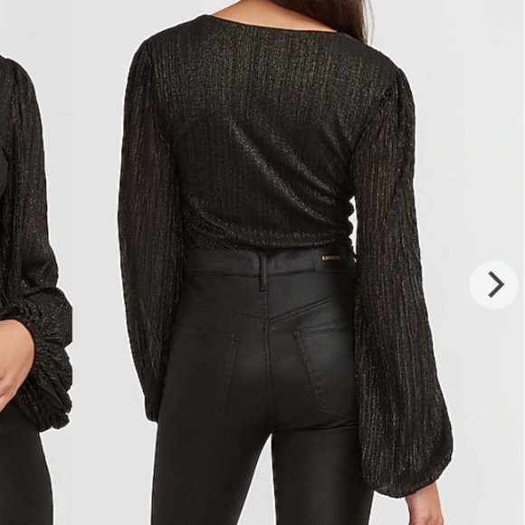 EXPRESS Metallic Pleated Puff Sleeve Bodysuit - Picture 3 of 3